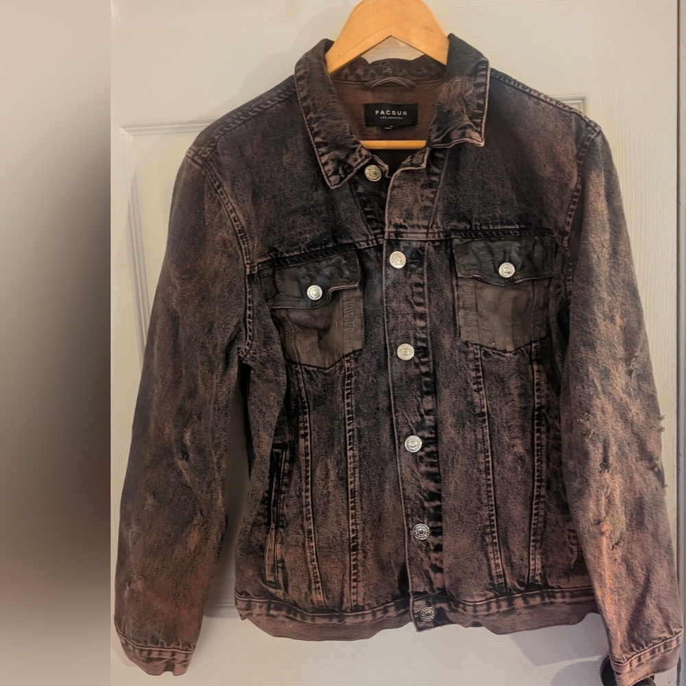 PacSun Men's Distressed Checkered Black Denim Jacket